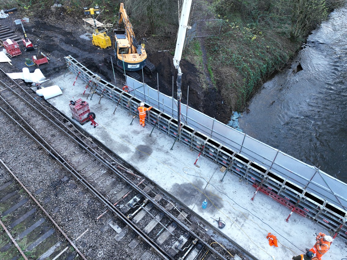 Aerial shot of the concrete pour at Petteril Bridge