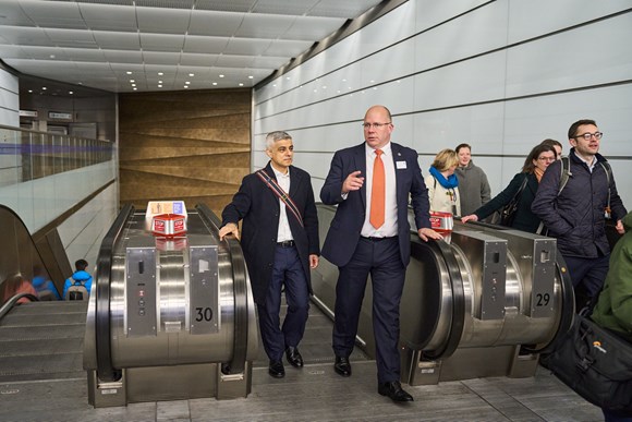 TfL Press Release - Mayor of London visits new accessible ticket hall at Bank Underground station, as its major £700m upgrade completes: TfL Image - Mayor Sadiq Khan and TfL Commissioner Andy Lord at Bank station escalators