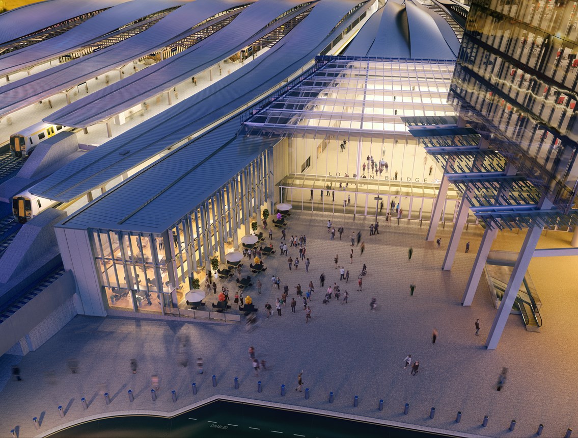 New Shard Forecourt, London Bridge station: A new image showing the The Shard concourse and piazza at London Bridge station as it will be when Thameslink completes in 2018, with new retail, bars and cafes, more space and more light