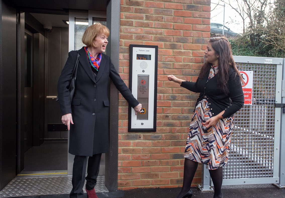 Eridge new lift: Rail minister Wendy Morton and Wealden MP Nusrat Ghani call the first lift at Eridge station, Sussex