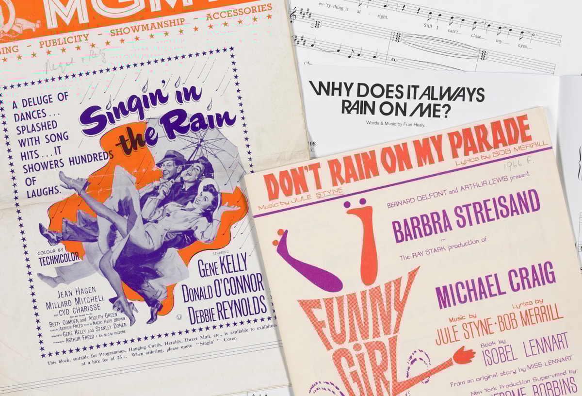 A collage of rain-related sheet music