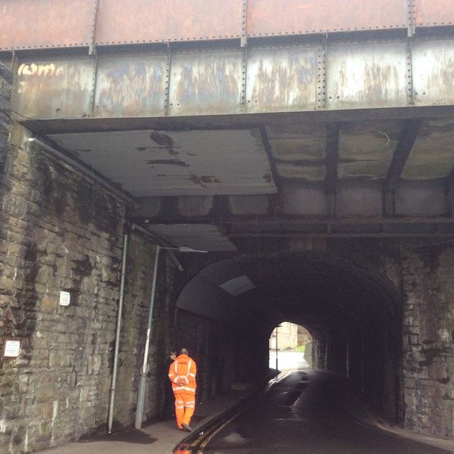 Network Rail engineers examining Mynydd Underbridge