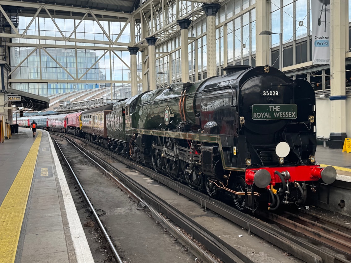 Merchant Navy Class Clan Line No. 35028 was stationed in front of Inspiration, the Railway 200 Exhibition Train, when it visited London Waterloo in July-2