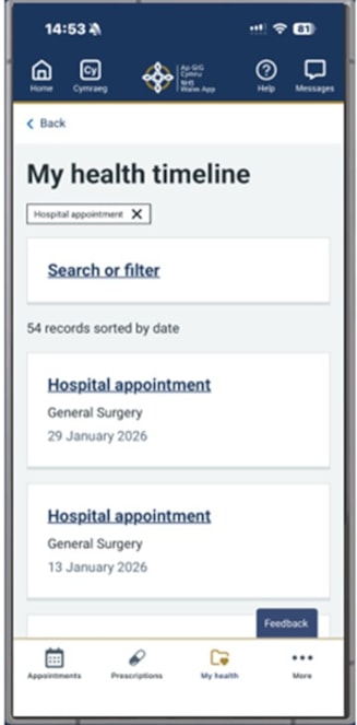 NHS Wales app health timeline