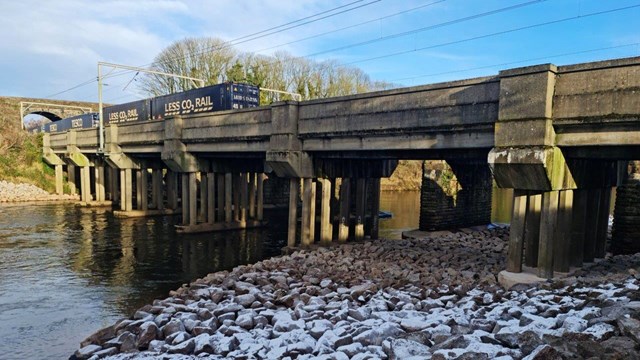 1940s-built viaduct taking freight trains over River Eden in Carlisle winter 2022