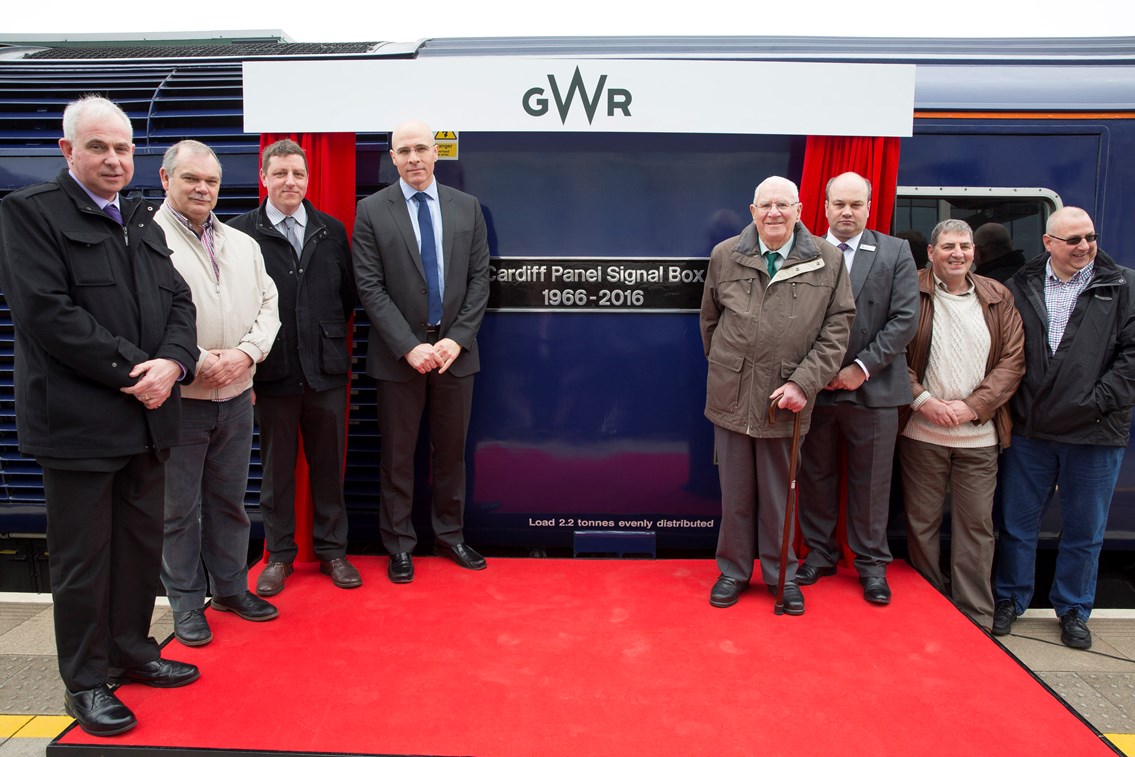 Cardiff Panel Signal Box train naming ceremony 1: Pictured from left to right: Mike Andrew, former signaller Rob Davies, Local Operations Manager for Network Rail Wales Craig Simmonds, route managing director for Network Rail Wales Paul McMahon, former signaller Herbert Farr, GWR’s managing director Mark Hopwood and signallers Colin Pritchard and Ken Andrew.