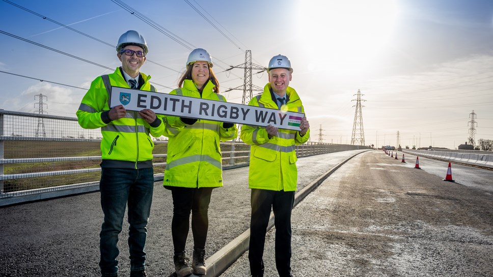 Announcing the naming of Edith Rigby Way. Pictured from left to right are Aidy Riggott, Nicola Elsworth and Matthew Brown pictured on the new road