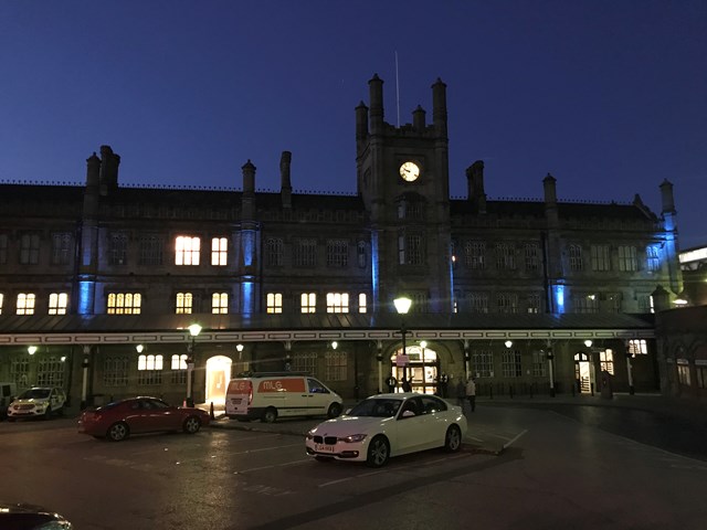 Shrewsbury railway station lit up blue for NHS and all critical workers: Shrewsbury Station Blue 1