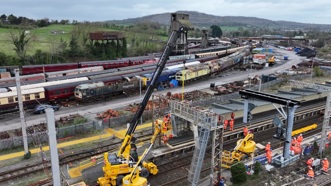 Footage released of major North West railway upgrades this Easter: Aerial shot of signalling gangtry renewals at Carnforth Easter 2026