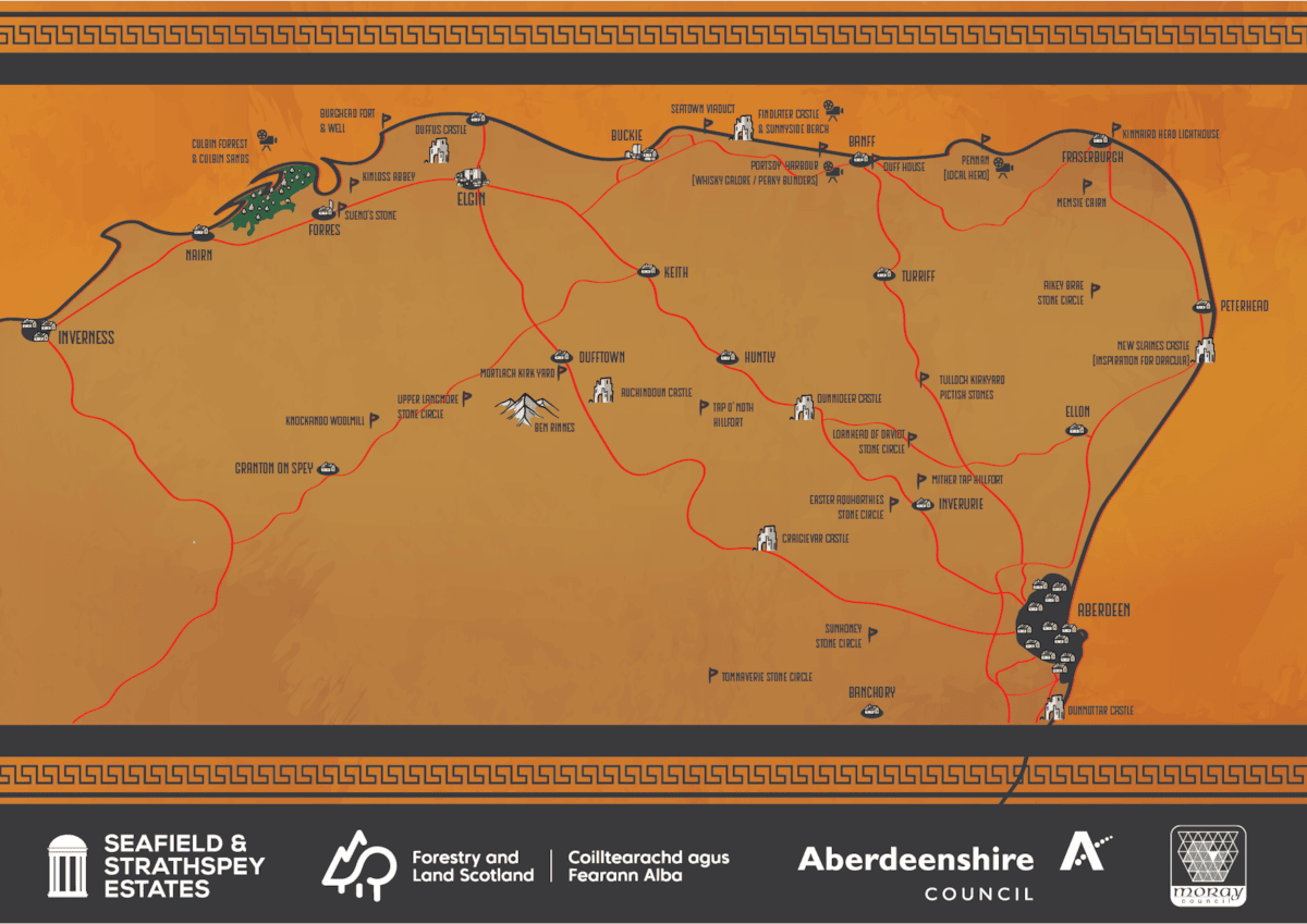 A wider map with places of historical interest in Moray and Aberdeenshire for film fans to visit.