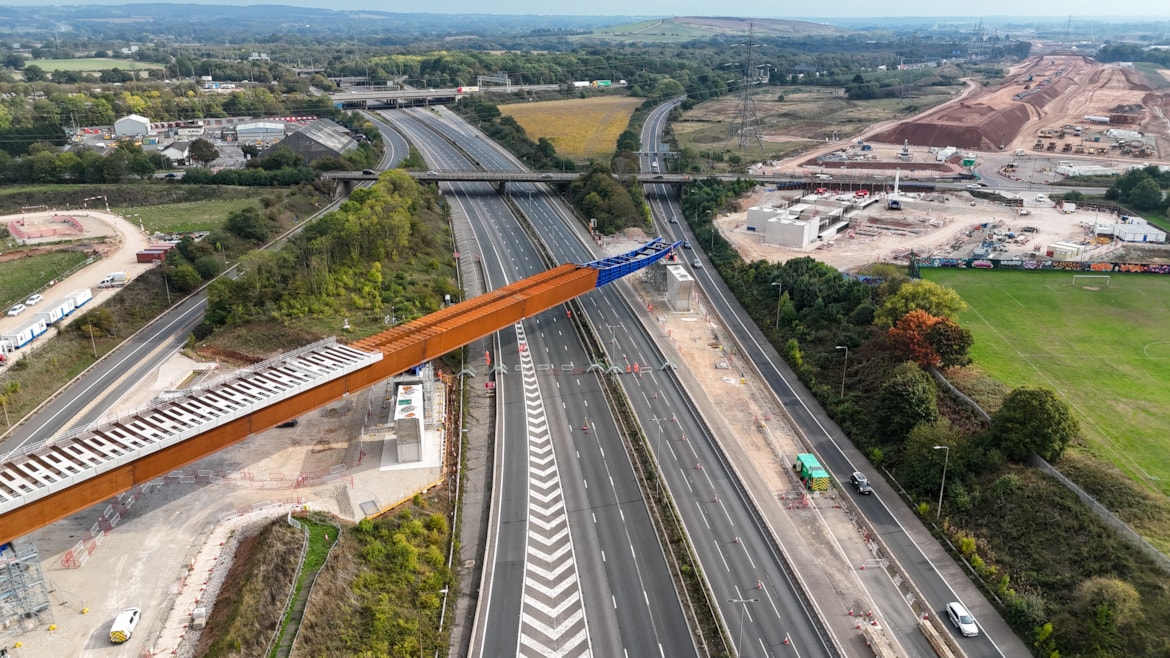 M6 reopens early after weekend HS2 viaduct slide: M6 South viaduct East Deck in place over the motorway September 2025