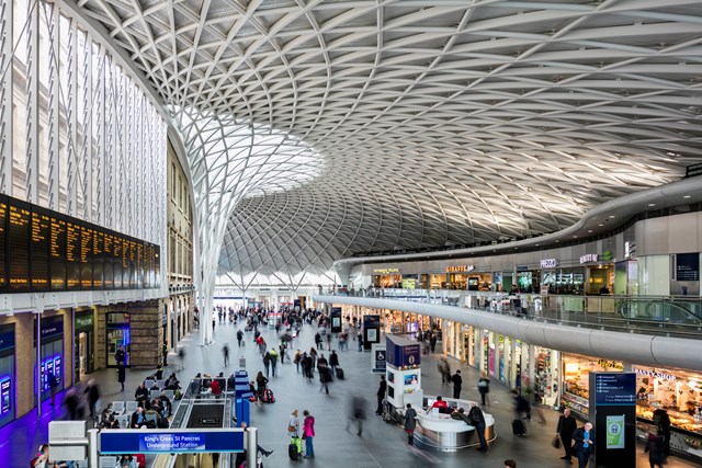 King's Cross railway station - retail units, shops, balcony and departure boards