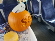 SE carved pumpkin on the train: SE carved pumpkin on the train