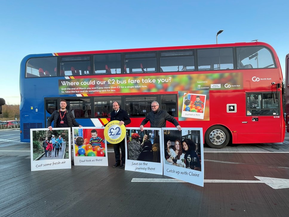 The launch of the promotional £2 bus fare scheme in 2023 with (left to right) Ben Maxfield, Business Director, Go North East;  Richard Holden MP, Buses Minister; Nigel Featham, Managing Director, Go North East.