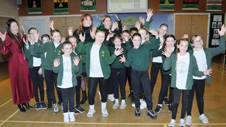 The Duchess of York with youngsters and staff at Padiham Green CofE Primary School