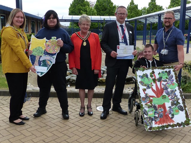 Network Rail volunteers attend official opening of forest school in Oldbury: L-R Presentation of prizes. Sarah Lockitt - teacher, Joshua, Susan Eaves - Deputy Mayor of Sandwell, Allun Edge - Network Rail, Bradley, Kevin Hurcombe – class teacher