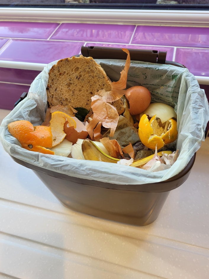 Caddy in kitchen 1: New new kitchen caddy for food waste as part of the new trial