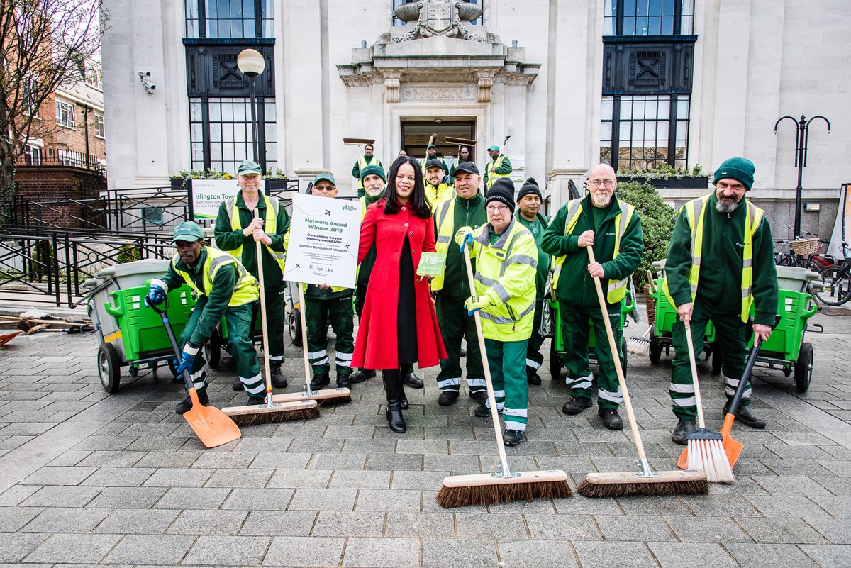 Islington's street sweepers celebrate Islington's Keep Britain Tidy award for Outstanding Service Delivery, with Cllr Claudia Webbe, executive member for environment and transport