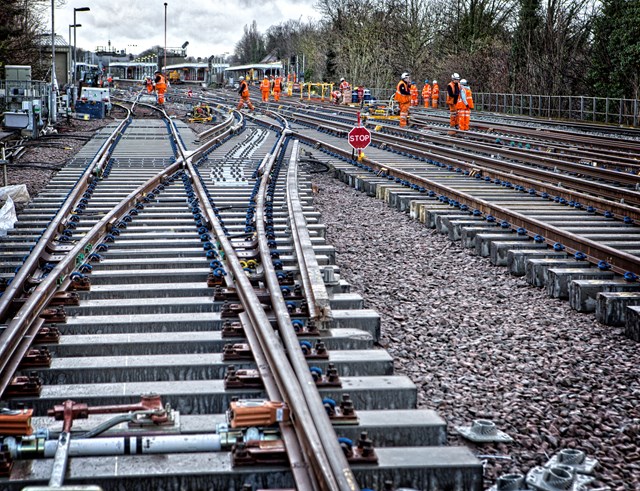 Purley: Freshly-laid points awaiting ballasting at the Purley junction project