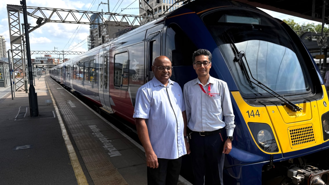 London Overground and Greater Anglia drivers at Stratford, about to take the Greater Anglia train onto the London Overground Mildmay line