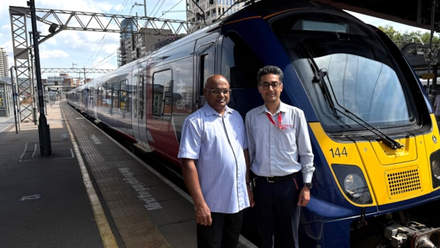 London Overground and Greater Anglia drivers at Stratford, about to take the Greater Anglia train onto the London Overground Mildmay line