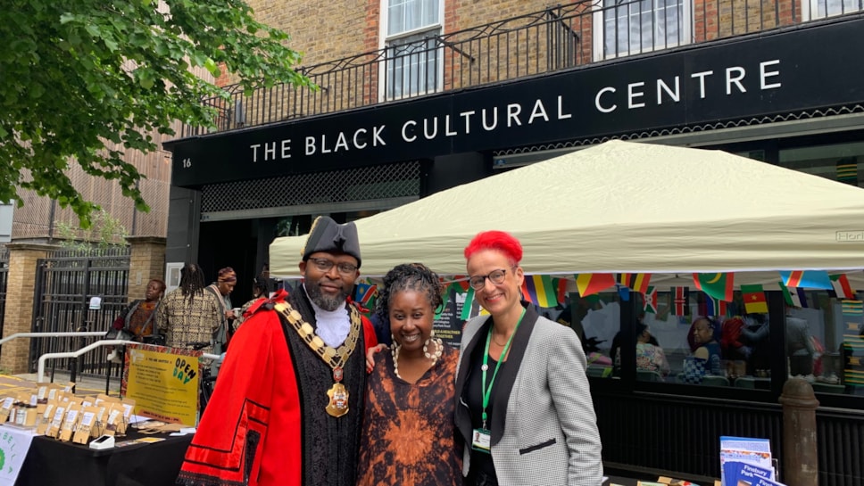 Mayor of Islington, Cllr Jason Jackson (left) alongside Anna Njie, Director of Go Africa (middle) and Cllr Sheila Chapman (right) stood outside the Black Cultural Centre.