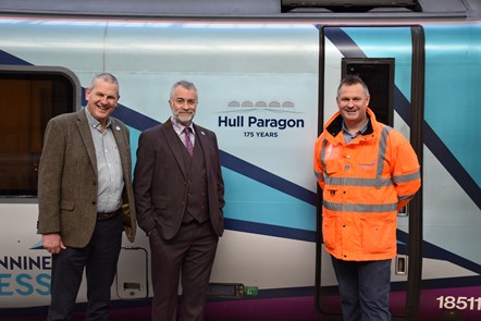 (L-R) Former Station Manager, Pete Myres, local historian Jamie Topliss-Yates and current Station Manger for TPE, Ben Courtney, celebrate the newly named Hull Paragon 175