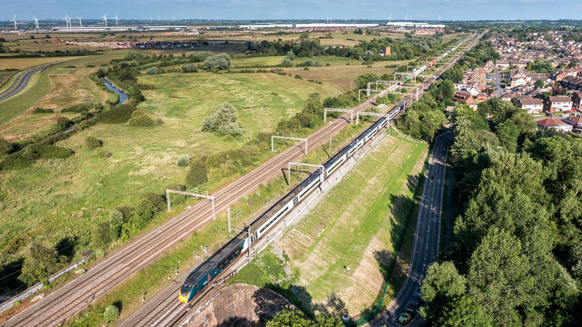 Drone footage shows West Coast main line secured from landslips: Drone shot of finished embankment repairs at Hillmorton on the West Coast main line