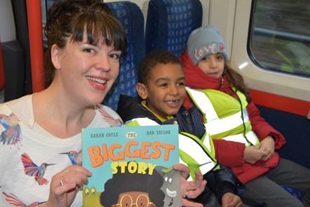 Author Sarah Coyle and pupils from Edward Wilson Primary School on-board the Story Train