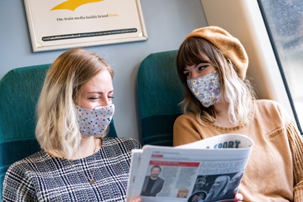 Passengers wearing face coverings on Southern train: Two female passengers wearing face masks on Southern train (taken September 2020)