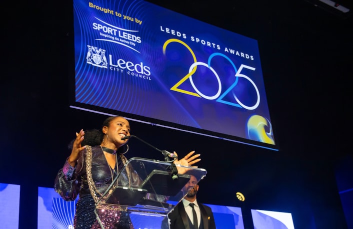 Awards 7: The Lord Mayor of Leeds, Councillor Abigail Marshall Katung, speaking at the ceremony.