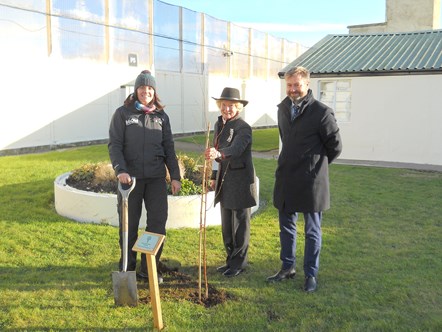 Haverigg planting, Lord Lt Claire Hensman, governor Adam Connolley and Heather Marples, Boom