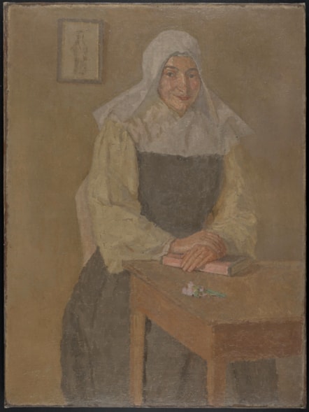 Image of Gwen John's oil on canvas of the nun Mere Poussepin seated at a table with her hands clasped over a book