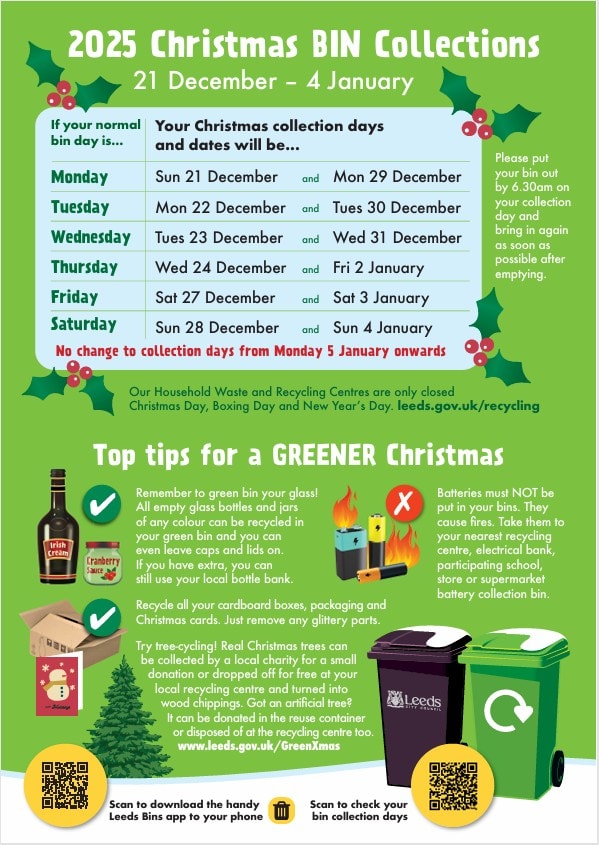 2025 Christmas bin collection leaflet page 2: Christmas 2025 bin changes timetable and advice on what can be recycled