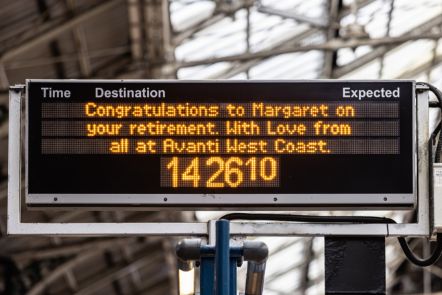Preston station, where Margaret Jones (Avanti West Coast Route Support) spent most of her railway career, displays a congratulatory message on Margaret's last working day