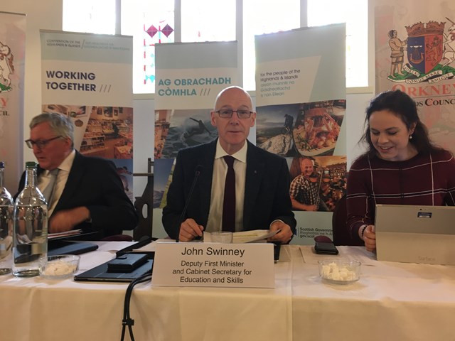 IMG 1571: Deputy First Minister John Swinney (centre) prepares to chair the latest Convention of Highlands and Islands, which took place at Kirkwall East Church. Rural Economy Secretary Fergus Ewing is on his right, and Minister for Public Finance and Digital Economy left.
