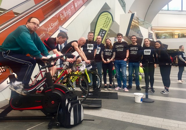 430 mile cycling challenge at Birmingham New Street to combat blood cancer: Fundraising team taking part in their cycling challenge in Birmingham New Street station