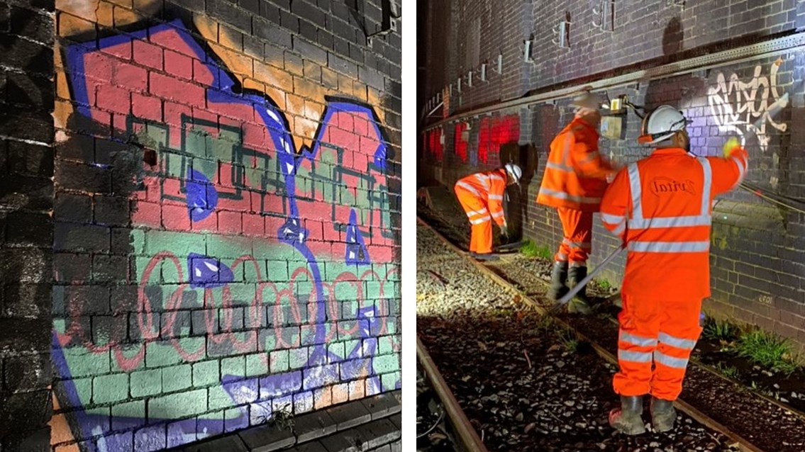 Railway workers continue railway graffiti blitz at London Euston: Graffiti clearance Euston February 2021