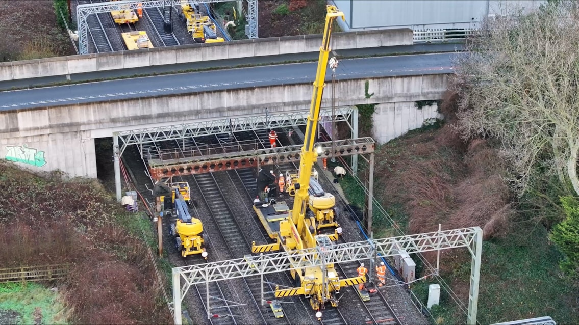 Crane in use during December 2024 Christmas engineering in Crewe