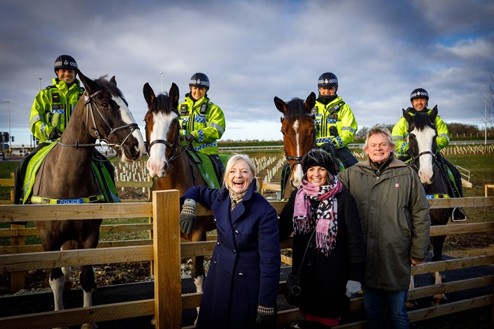East Leeds Orbital Route Bridleway launch: Martin Clunes, Councillor Helen Hayden and West Yorkshire Mayor, Tracy Brabin welcomed the mounted police unit from the West Yorkshire Police to celebrate the 7km equestrian route on the East Leeds Orbital Route.