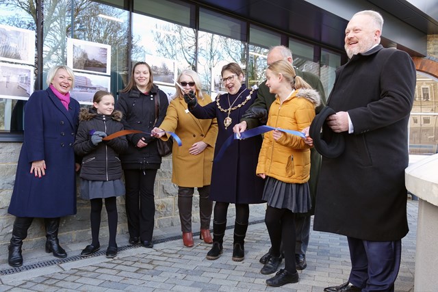 Ribbon cutting at Maidstone East's new station building: L to R:
Nina Peak (SE Partnership Manager)
Helen Dyer from the South East Local Enterprise Partnership
Fiona Taylor (Network Rail, route Managing Director)
Mayor Cllr Fay Gooch (Maidstone Borough) 
David Brazier (Kent County Council, Cabinet member for Highways and Transport)
David Burton (Maidstone Borough, Leader of Council)
Students from Allington Primary school, Maidstone