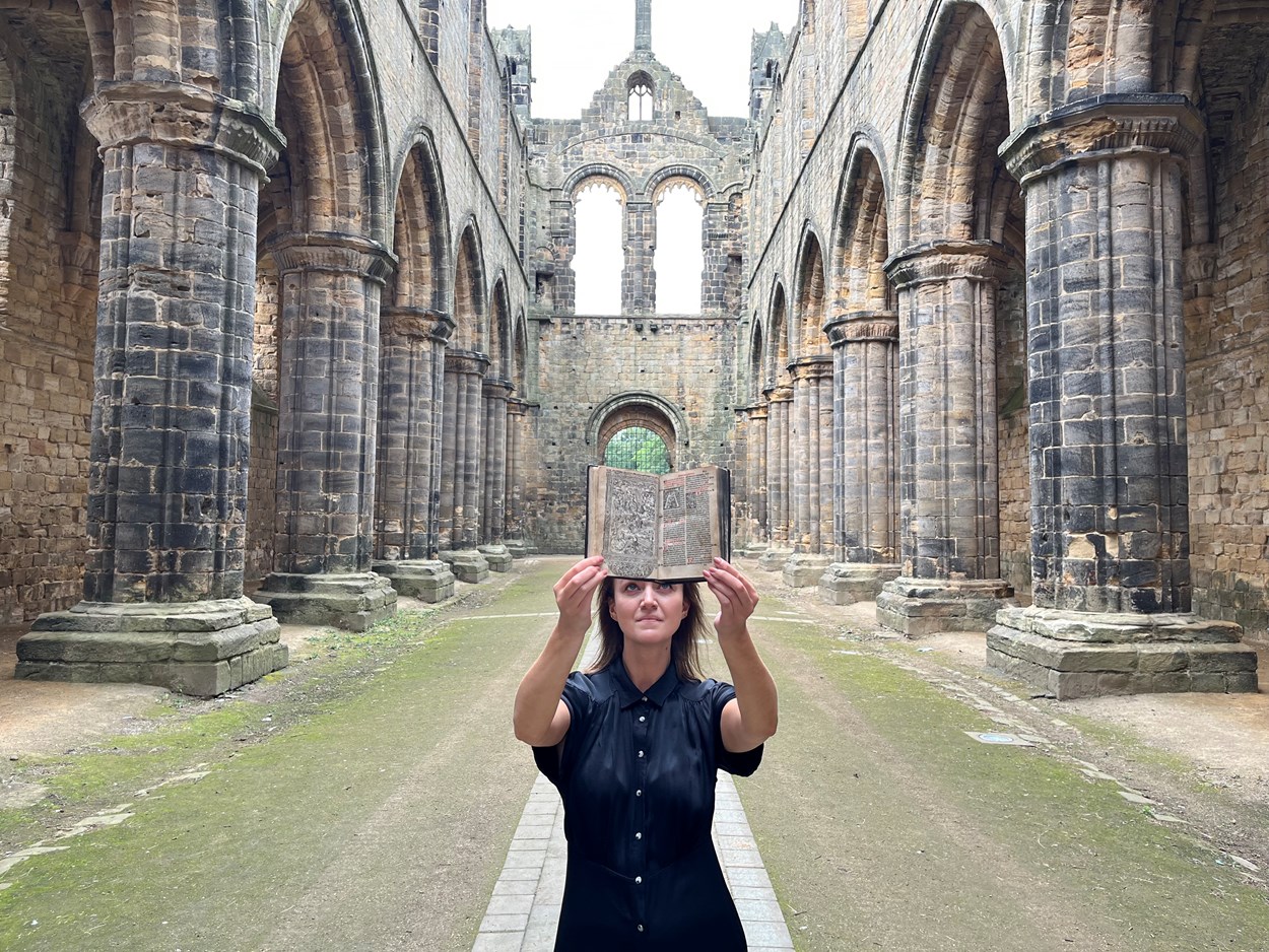 Kirkstall Missal: Senior librarian Rhian Isaac in Kirkstall Abbey with Leeds Central Library's precious copy of the Missale ad usum Cistercienci. Printed in Paris in 1516, the book is believed to have once belonged to the monks of Kirkstall Abbey and remarkably, it still contains notes and passages they delicately wrote by hand.