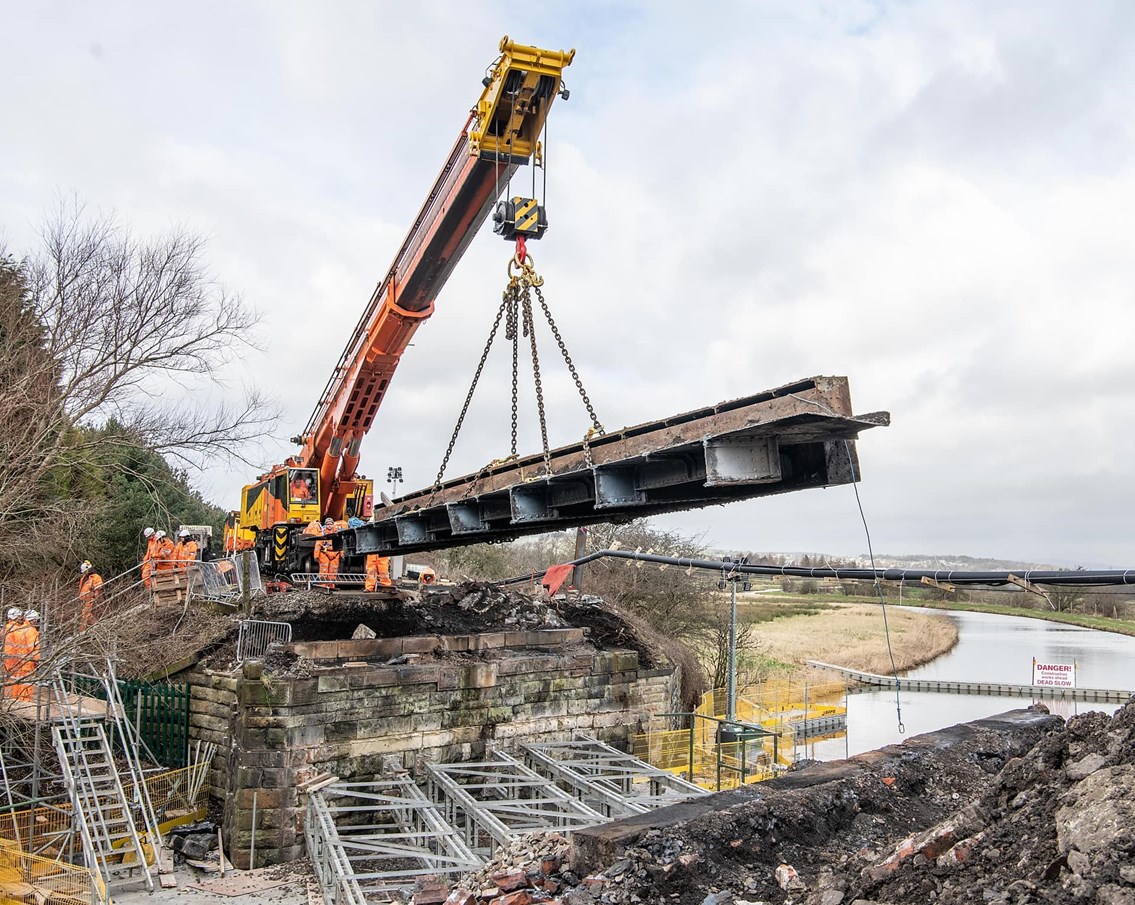 Crane removing sections of Oswaldtwistle being over Leeds and Liverpool canal