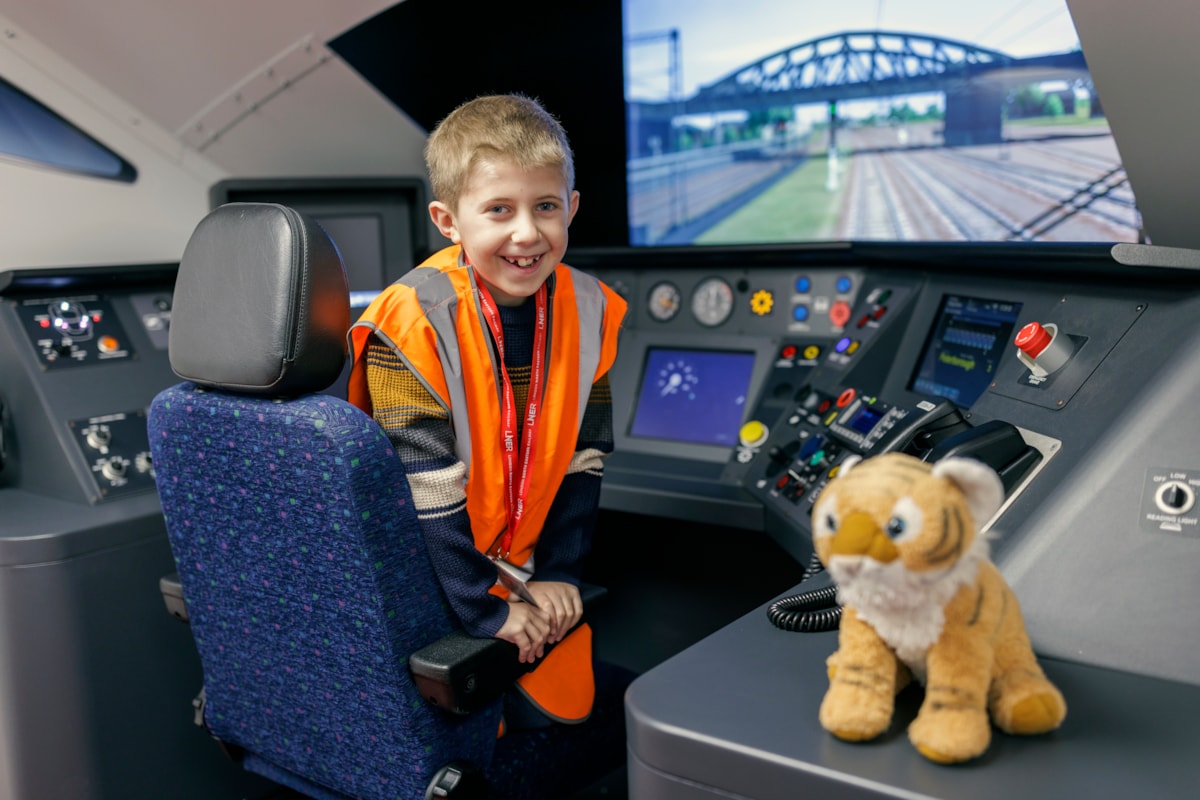 Austin in the LNER Azuma simulator at Leeds station, LNER