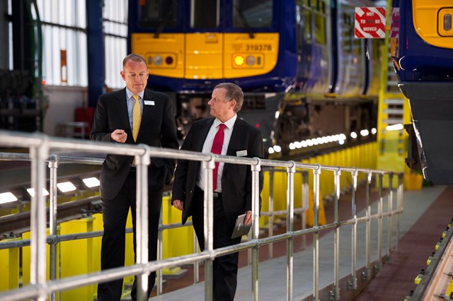 Allerton depot opens to electric trains after £23m makeover: Alex Hynes, of Northern Rail, and Terry Strickland, of Network Rail, at the refurbished Allerton depot