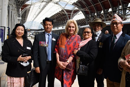 Joanna Lumley, Vice Patron of The Gurkha Welfare Trust, with guests at the train naming ceremony in honour of Tulbahadur Pun