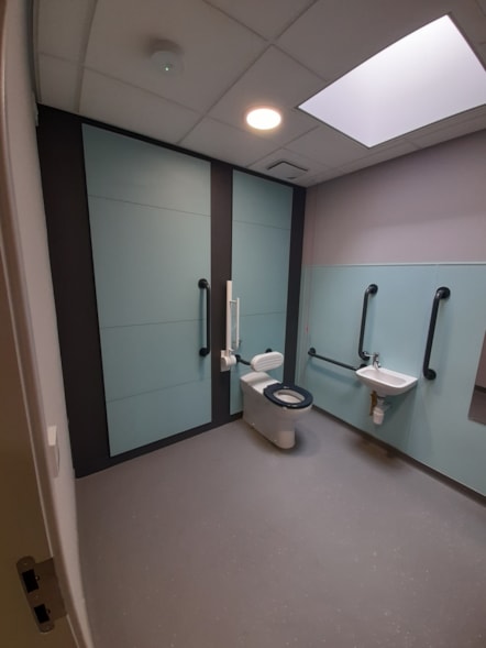 Accessible toilet with support rails, adapted toilet and washbasin against pale blue walls.