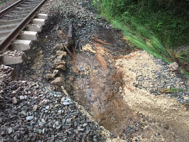 Landslip repairs means no trains between Bradford and Ilkley today: The landslip near Baildon which washed away ballast (1)
