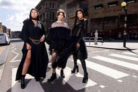 Models (L-R) Shannon Summers, Joshua Cairns and Grace Dempsey arrive at the National Museum of Scotland ahead of the opening of Beyond the Little Black Dress on  Saturday (1 July). The exhibition deconstructs an iconic wardrobe staple, examining the radical power of the colour black in fashion. Image copyright Duncan McGlynn.