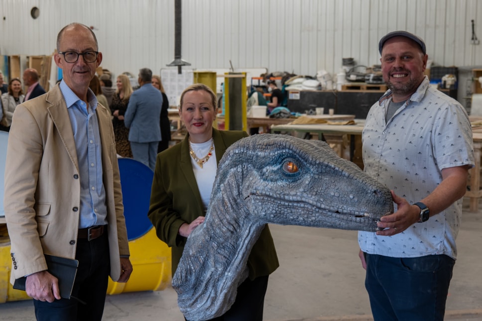Cabinet Secretary for Economy, Energy and Planning, Rebecca Evans with Owner of Wild Creations, Matt Wild and Business in Focus CEO, Phil Jones